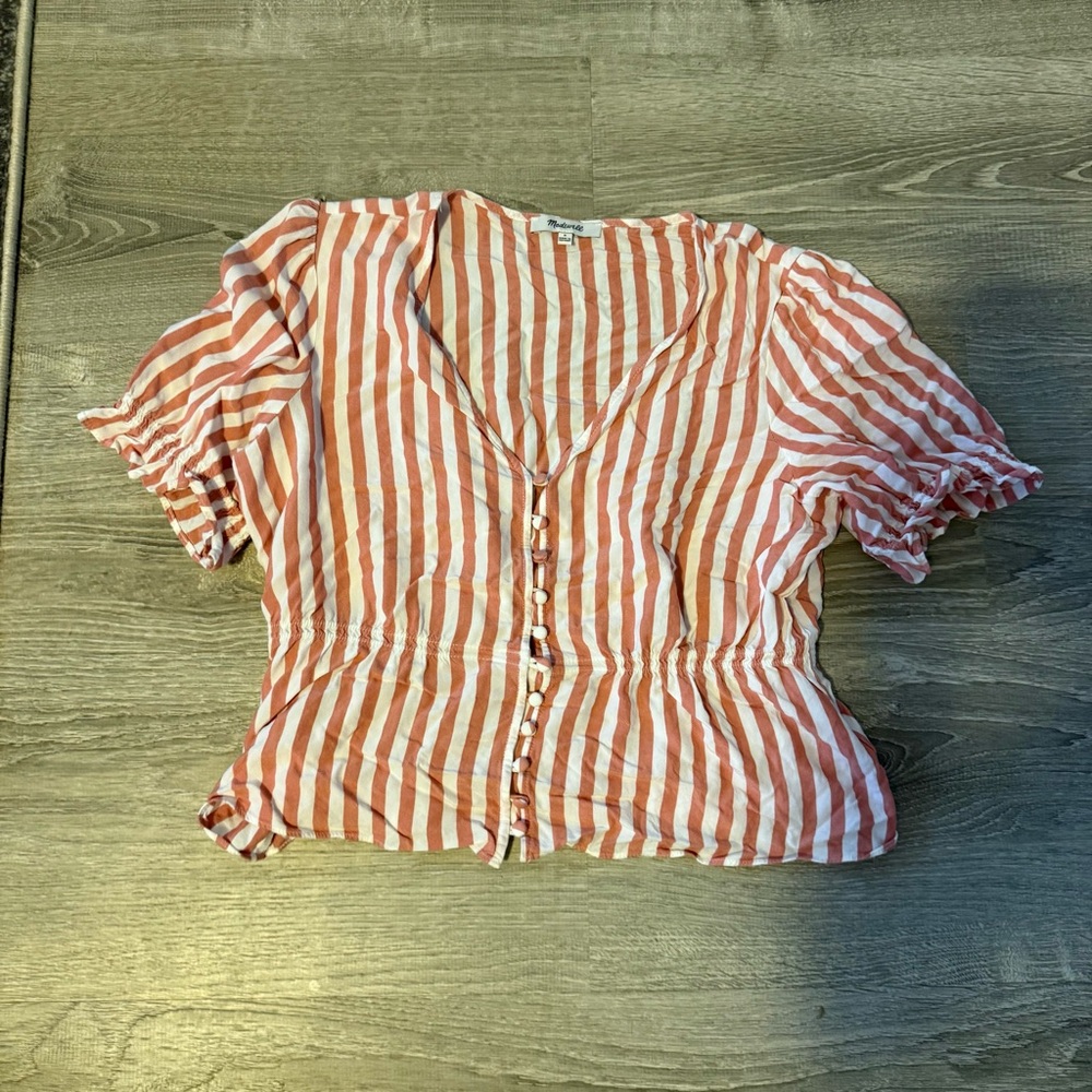 Madewell Coral and White Striped Blouse